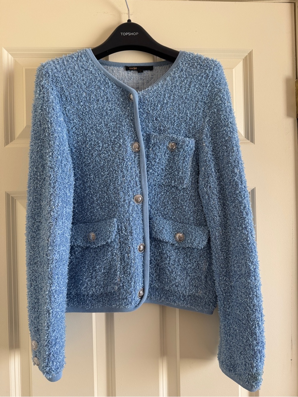 Maje Powder Blue Teddy Bouclé Jacket with Silver Buttons size 1